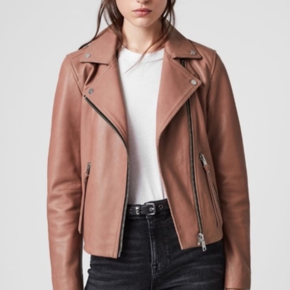 AllSaints Dalby Slim Fit Leather Biker Jacket In Mauve Size 8